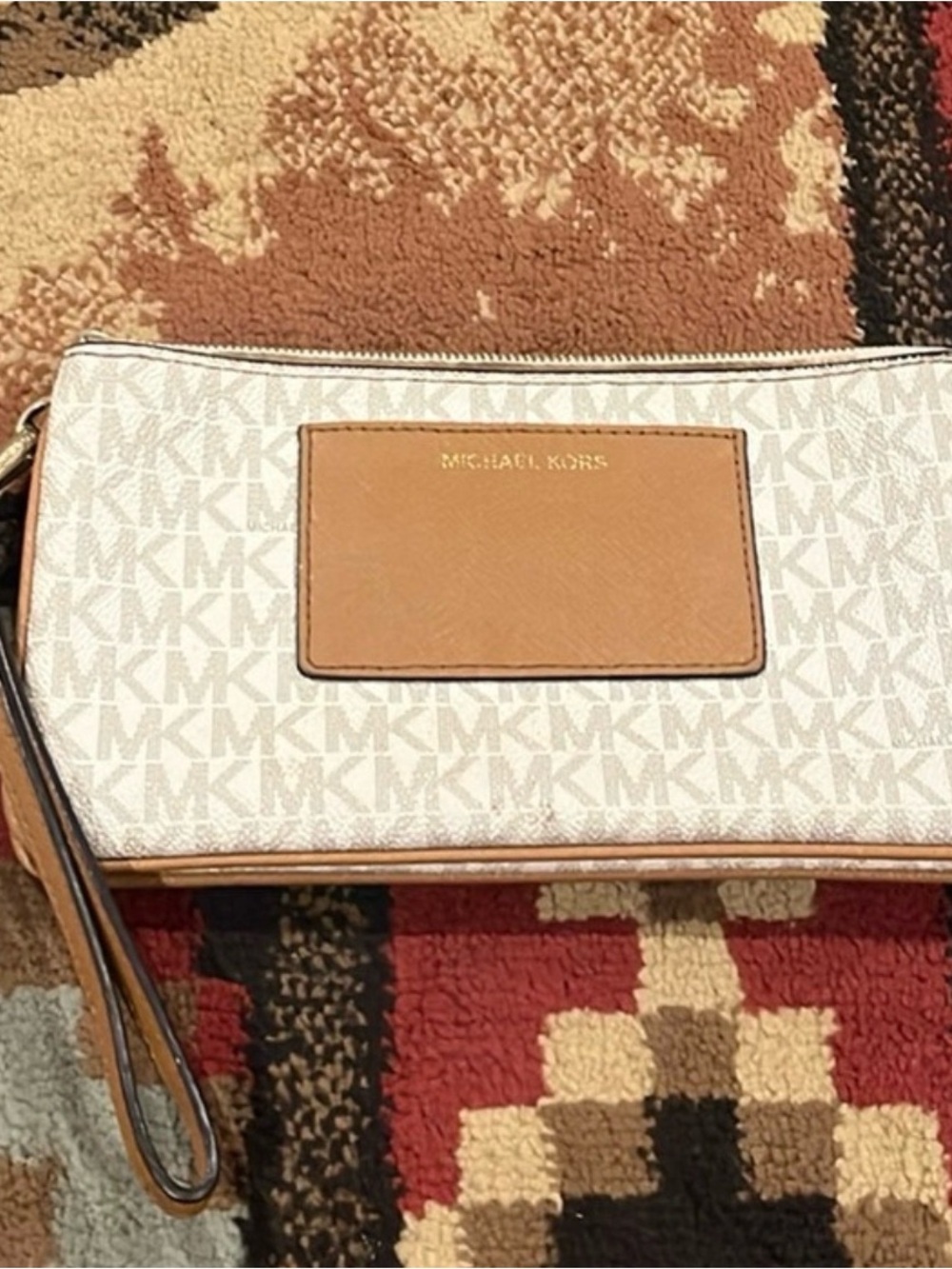 Michael Kors Cream Logo Wristlet with Tan Trim